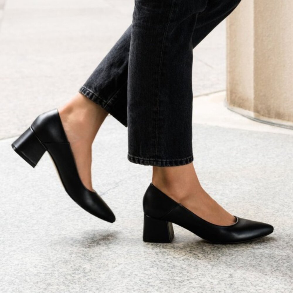 Nisolo Women's‎ Suede Fiorela Go-To Mid Block Heels Dress Shoes $180 BLACK